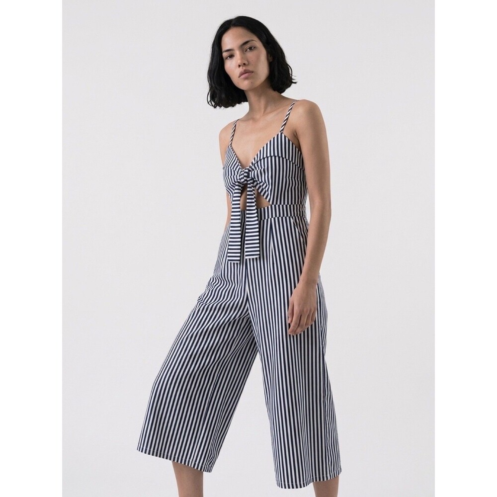 Main Strip Navy and White Striped Wide-Leg Jumpsuit with Front Tie Detail